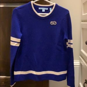 Draper James blue and white sweater with pin